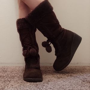 Brown Pom-pom Wedge Boots